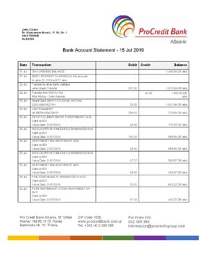 Albania Editable Templates 13 Albania ProCreditBank proof of address bank statement Word and PDF template, .doc and .pdf format