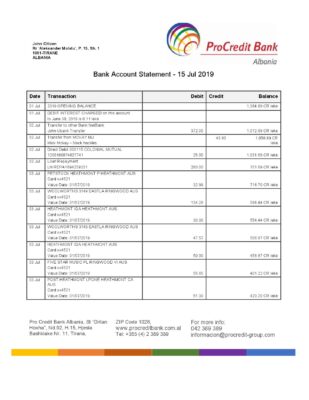 Albania ProCreditBank proof of address bank statement Word and PDF template, .doc and .pdf format