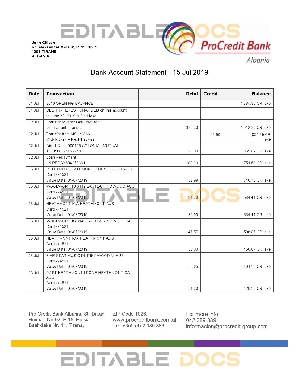 Albania ProCreditBank proof of address bank statement Word and PDF template, .doc and .pdf format