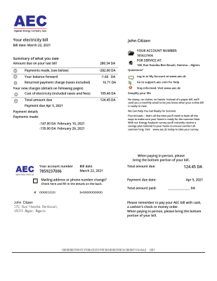 Algeria AEC Algerian Energy Company utility bill template in Word and PDF format