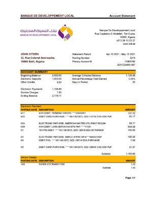 Algeria Banque De Developpement Local bank statement template in Excel and PDF format