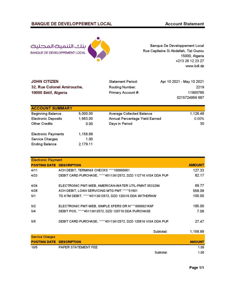 Algeria Banque De Developpement Local bank statement template in Excel and PDF format