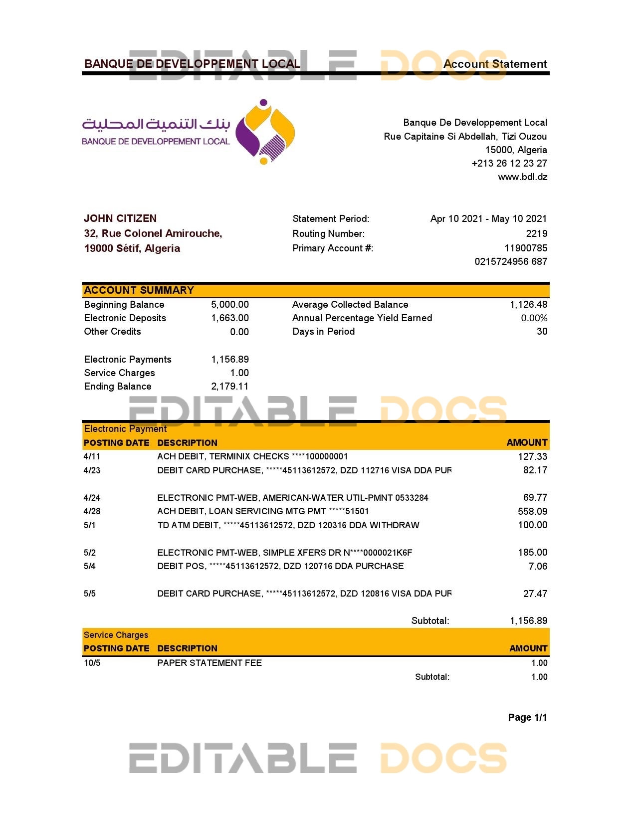 Algeria Banque De Developpement Local bank statement template in Excel and PDF format