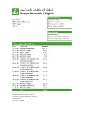 Algeria Banque nationale d’Algérie (BNA) bank statement template in Excel and PDF format