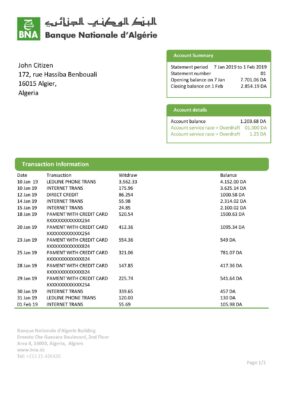 Algeria Banque nationale d’Algérie (BNA) template of bank statement, Word and PDF format (.doc and .pdf)