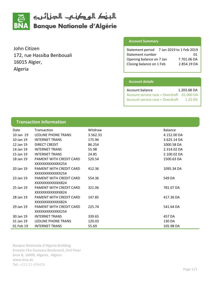 Algeria Banque nationale d’Algérie (BNA) template of bank statement, Word and PDF format (.doc and .pdf)