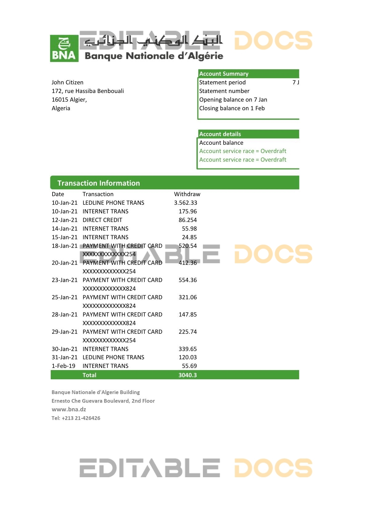 Algeria Banque nationale d’Algérie (BNA) bank statement template in Excel and PDF format