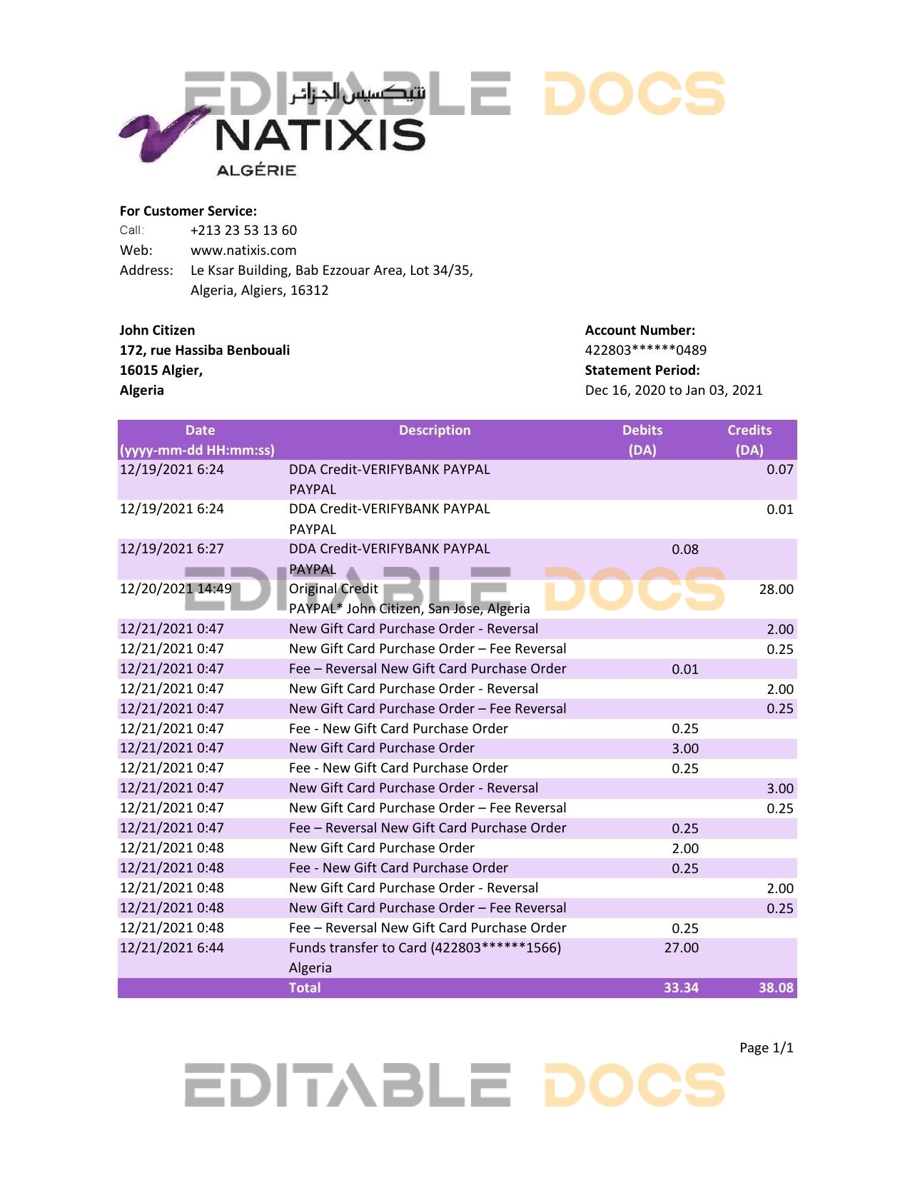 Algeria Natixis Algerie bank statement template in Excel and PDF format