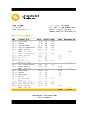 Andorra BancSabadell d’Andorra bank statement template in Excel and PDF format
