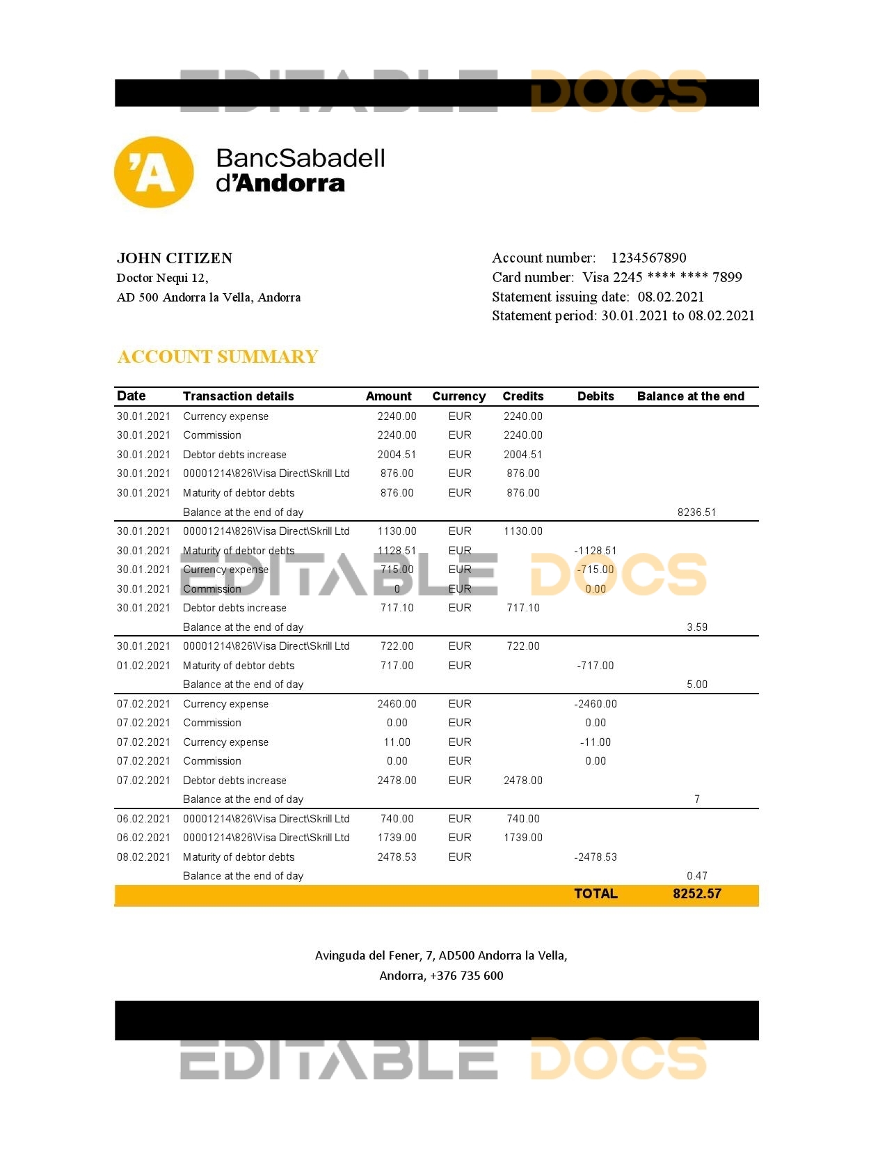 Andorra BancSabadell d’Andorra bank statement template in Excel and PDF format