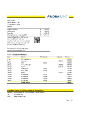 Andorra MoraBank bank statement template in Excel and PDF format