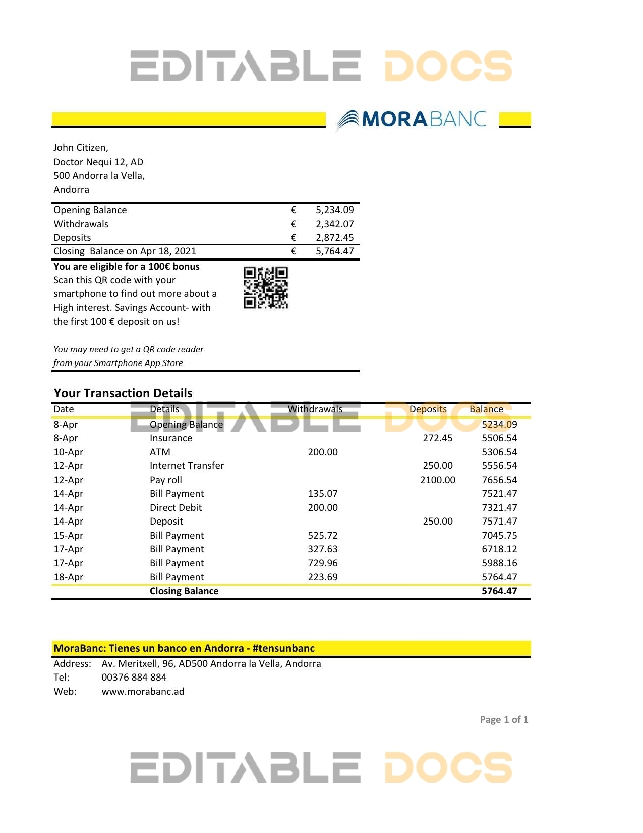 Andorra MoraBank bank statement template in Excel and PDF format