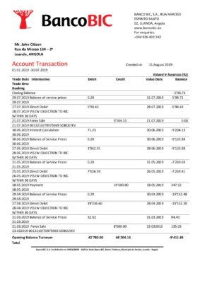 Angola Banco BIC proof of address bank statement template in Word and PDF format