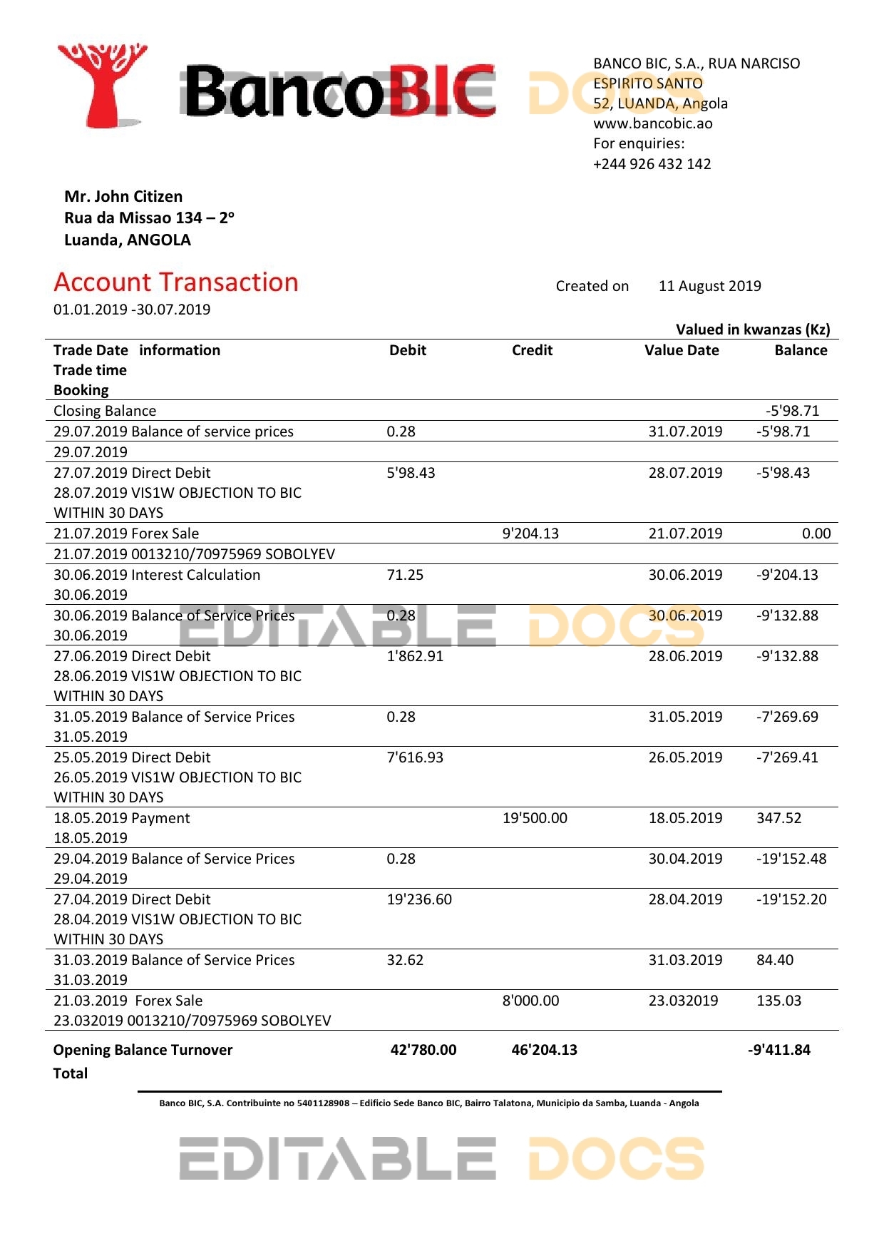Angola Banco BIC proof of address bank statement template in Word and PDF format