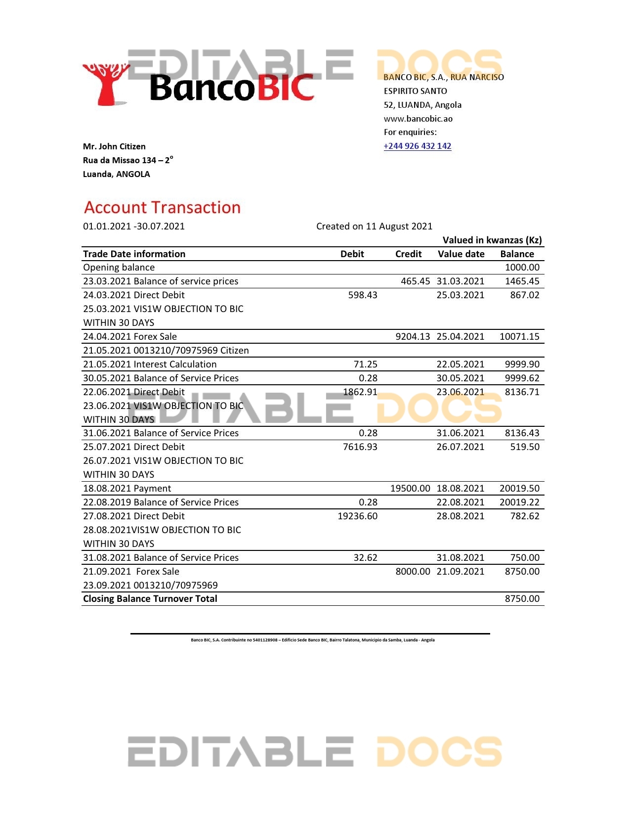 Angola Banco BIC bank statement template in Excel and PDF format