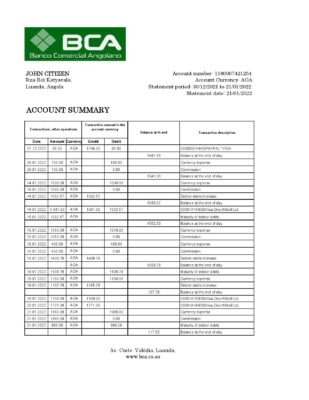 Angola Banco Comercial Angolano statement template in Excel and PDF format