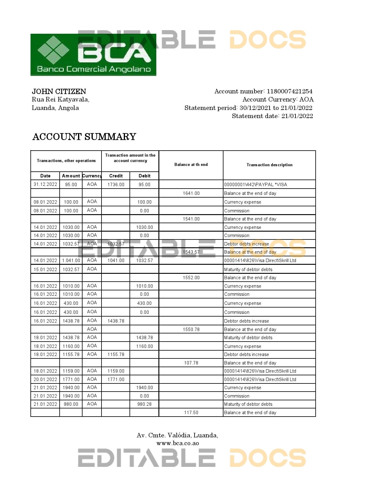 Angola Banco Comercial Angolano statement template in Excel and PDF format
