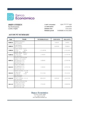 Angola Banco Economico bank statement template in Excel and PDF format