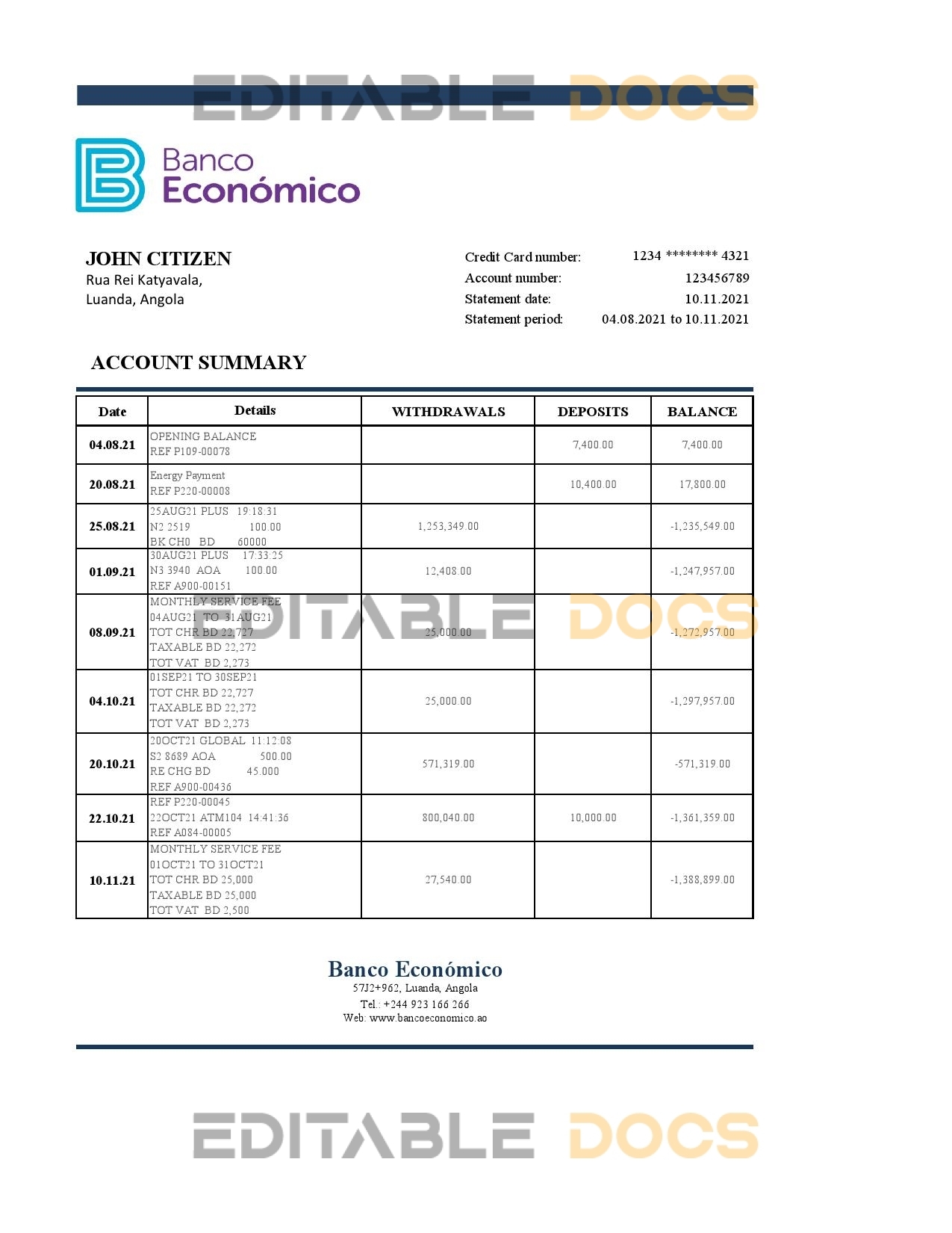 Angola Banco Economico bank statement template in Excel and PDF format