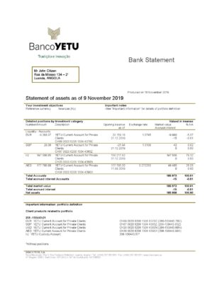 Angola Banco Yetu bank statement easy to fill template in Word and PDF format