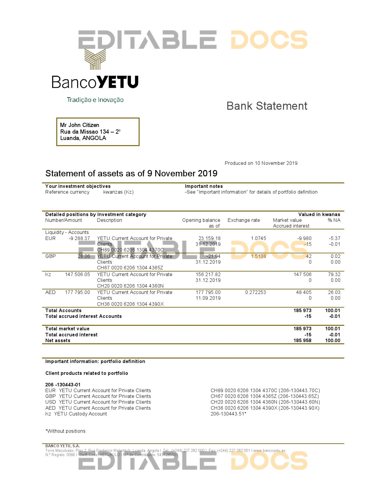 Angola Banco Yetu bank statement easy to fill template in Word and PDF format