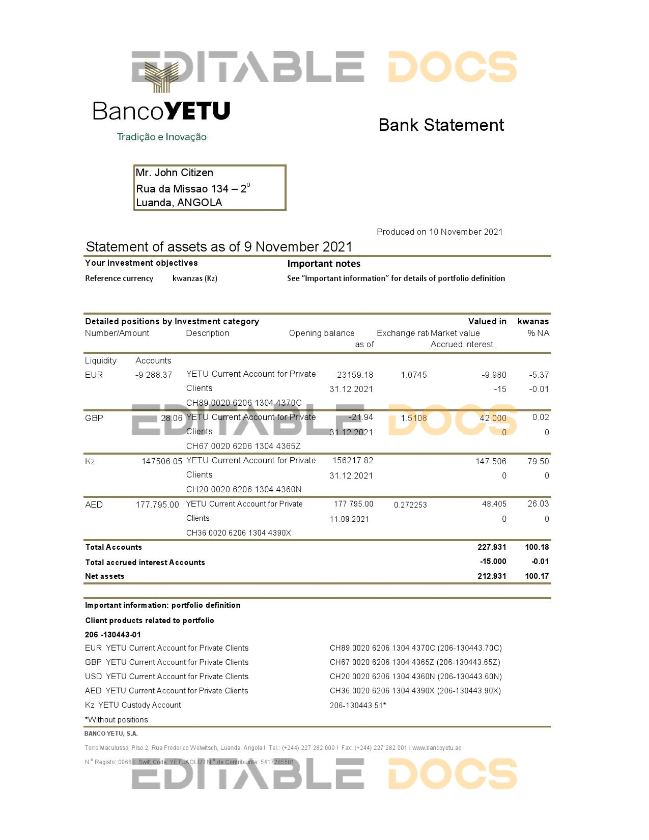 Angola Banco Yetu bank statement template in Excel and PDF format