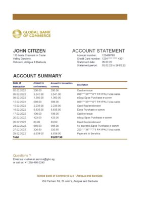 Antigua and Barbuda Global Bank of Commerce bank statement template in Excel and PDF format