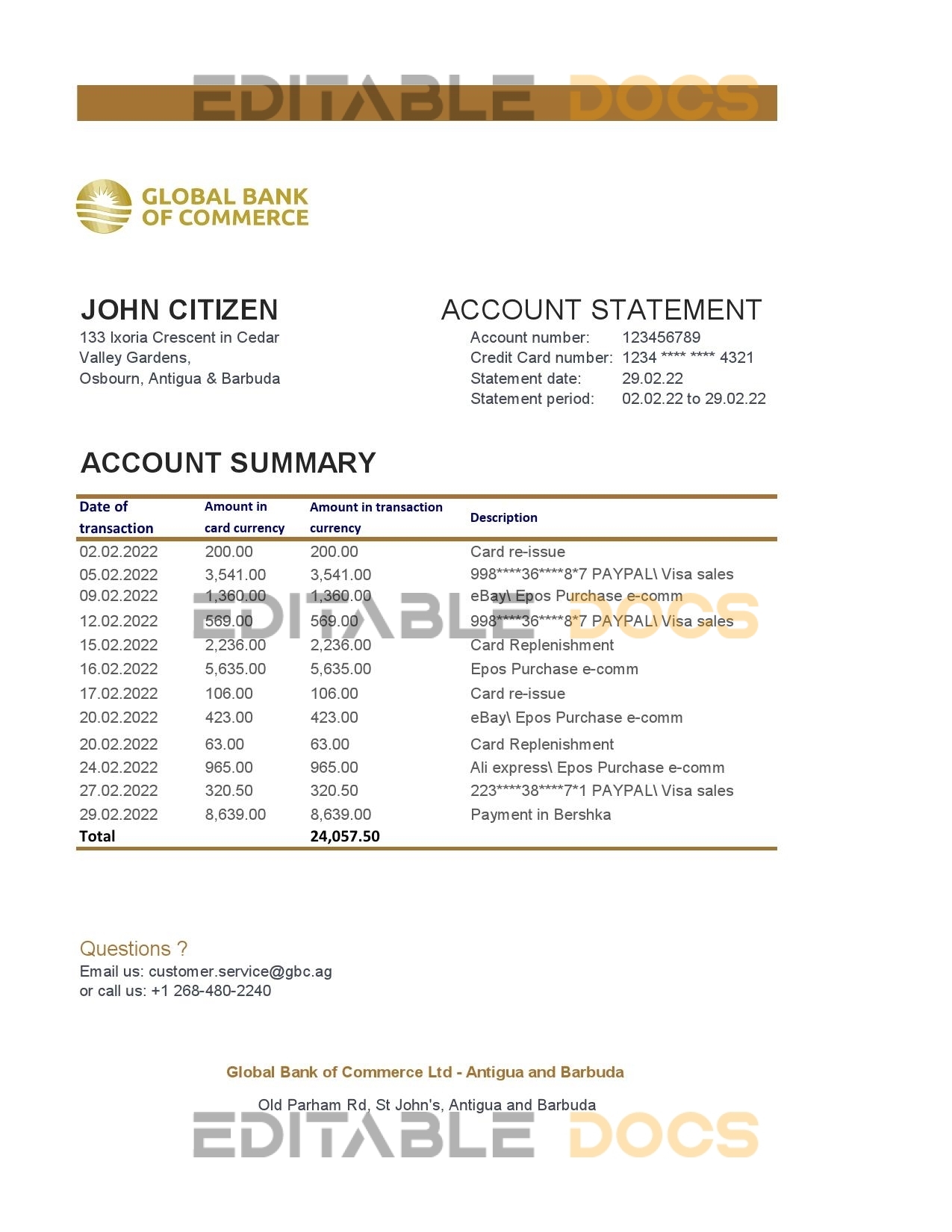 Antigua and Barbuda Global Bank of Commerce bank statement template in Excel and PDF format