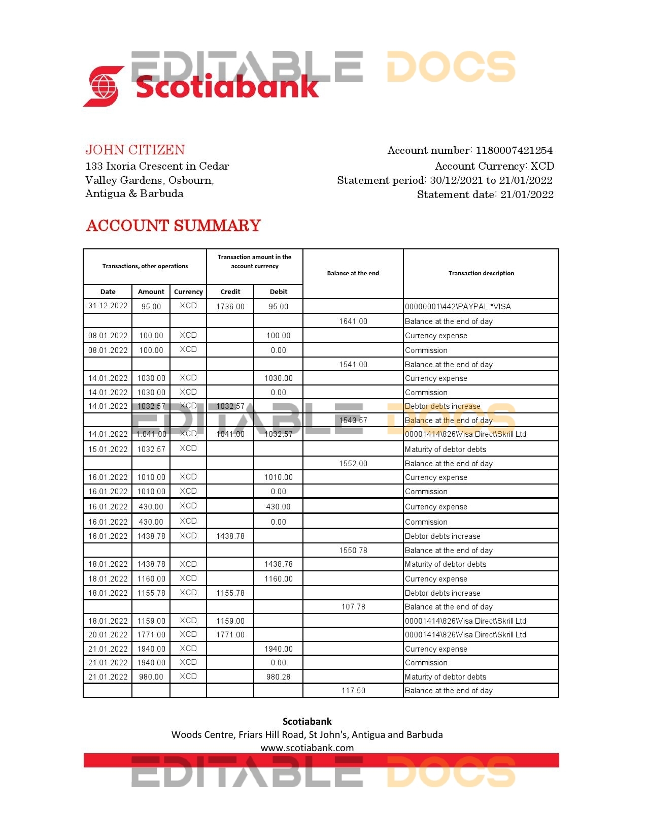 Antigua and Barbuda Scotiabank bank statement template in Excel and PDF format