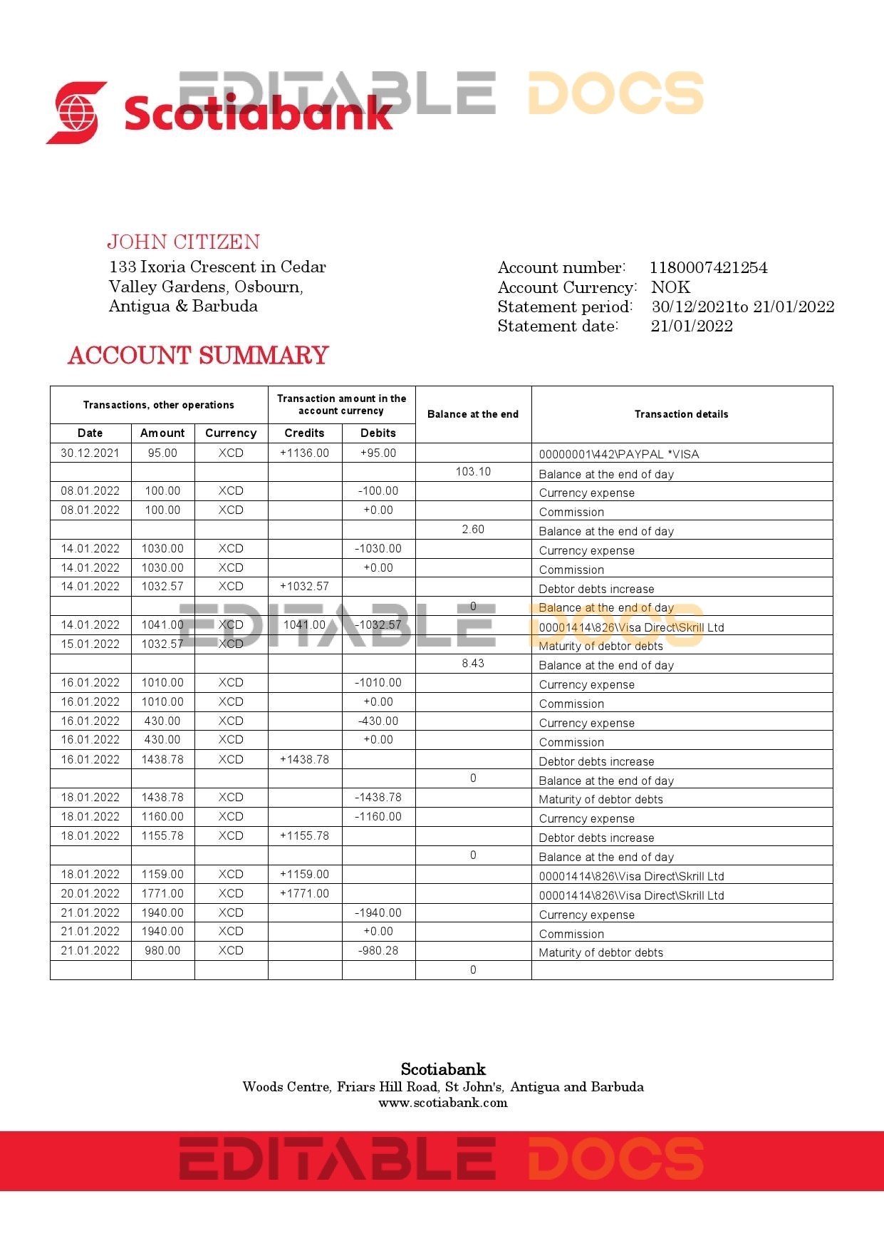 Antigua and Barbuda Scotiabank bank statement template in Word and PDF format