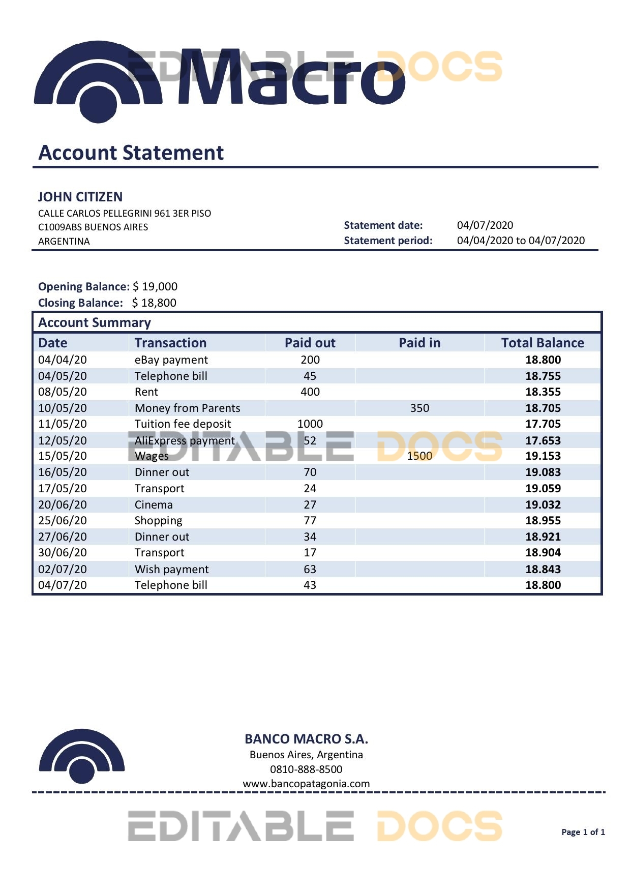 Argentina Banco Macro S. A. bank statement template in Excel and PDF format