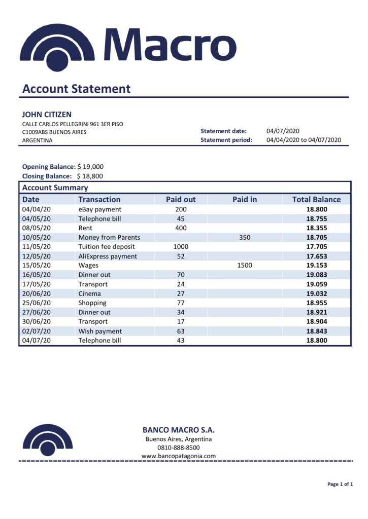 Argentina Banco Macro S.A. bank statement template in Word and PDF format