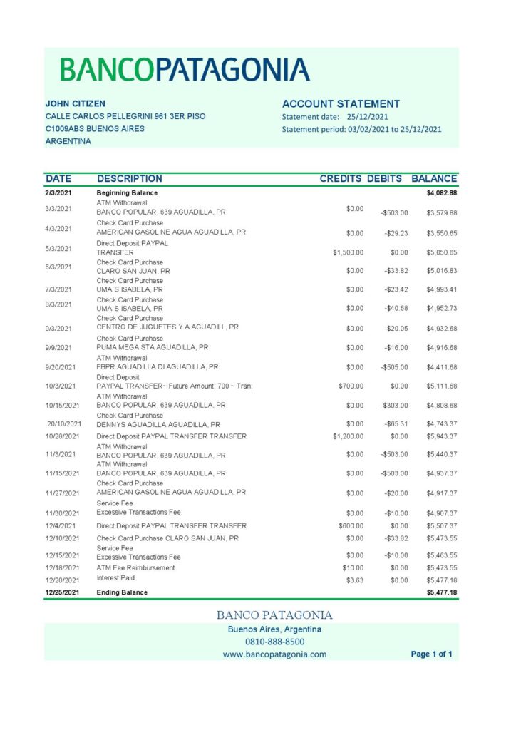 Argentina Banco Patagonia bank statement template in Excel and PDF format