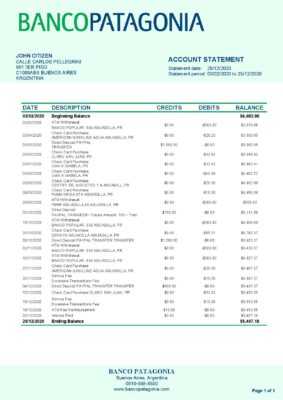 Argentina Banco Patagonia bank statement template in Word and PDF format