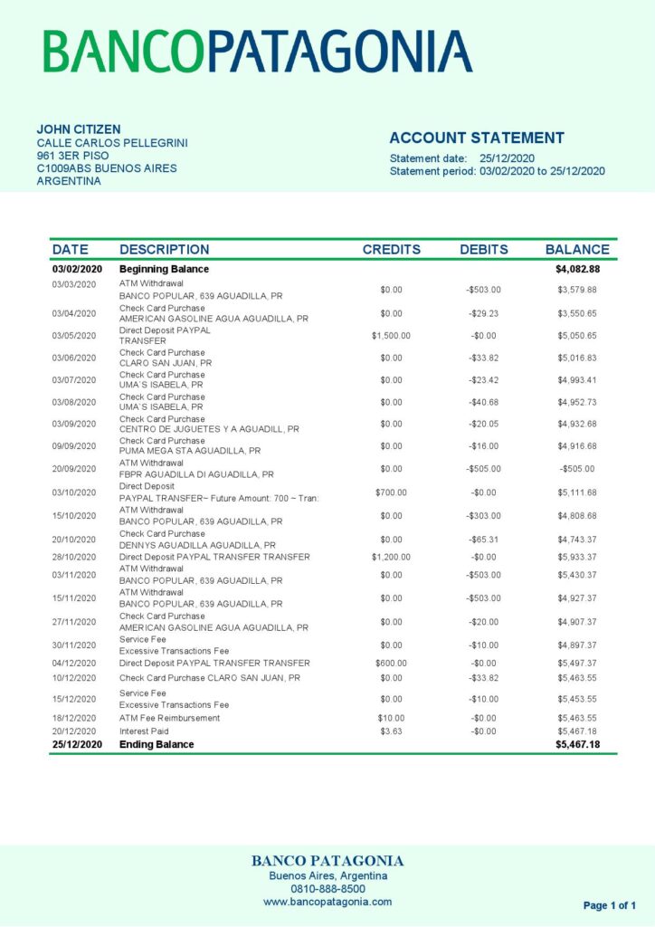 Argentina Banco Patagonia bank statement template in Word and PDF format
