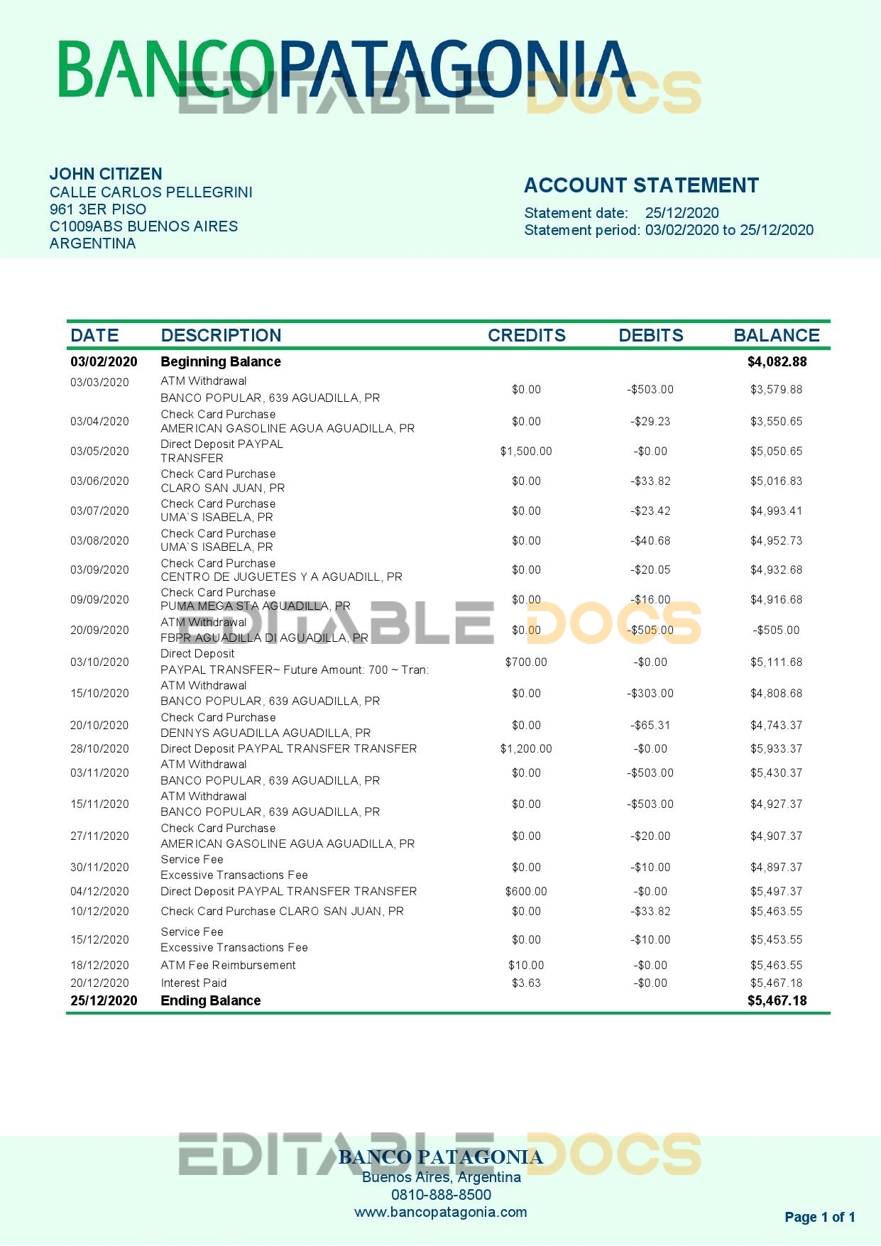 Argentina Banco Patagonia bank statement template in Word and PDF format
