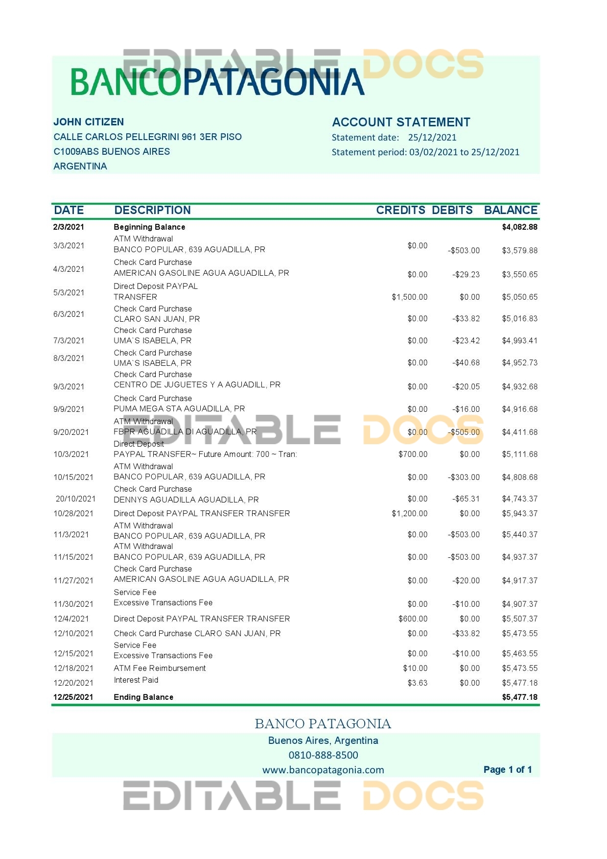 Argentina Banco Patagonia bank statement template in Excel and PDF format