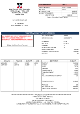 USA Arkansas West Memphis utility bill template in Word and PDF format