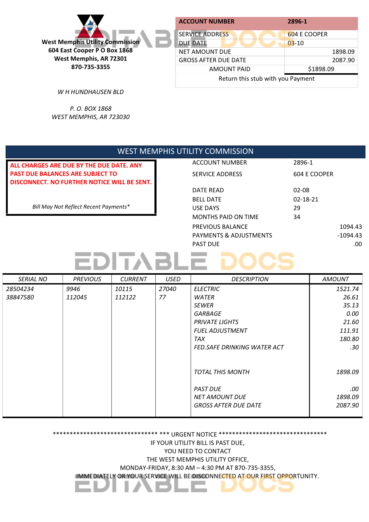 USA Arkansas West Memphis utility bill template in Word and PDF format