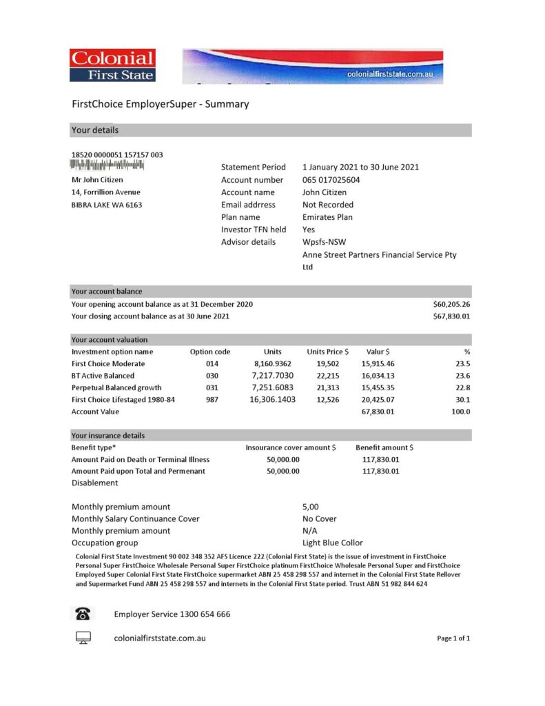 Australia Colonial First State Bank statement template in Excel and PDF format, fully editable