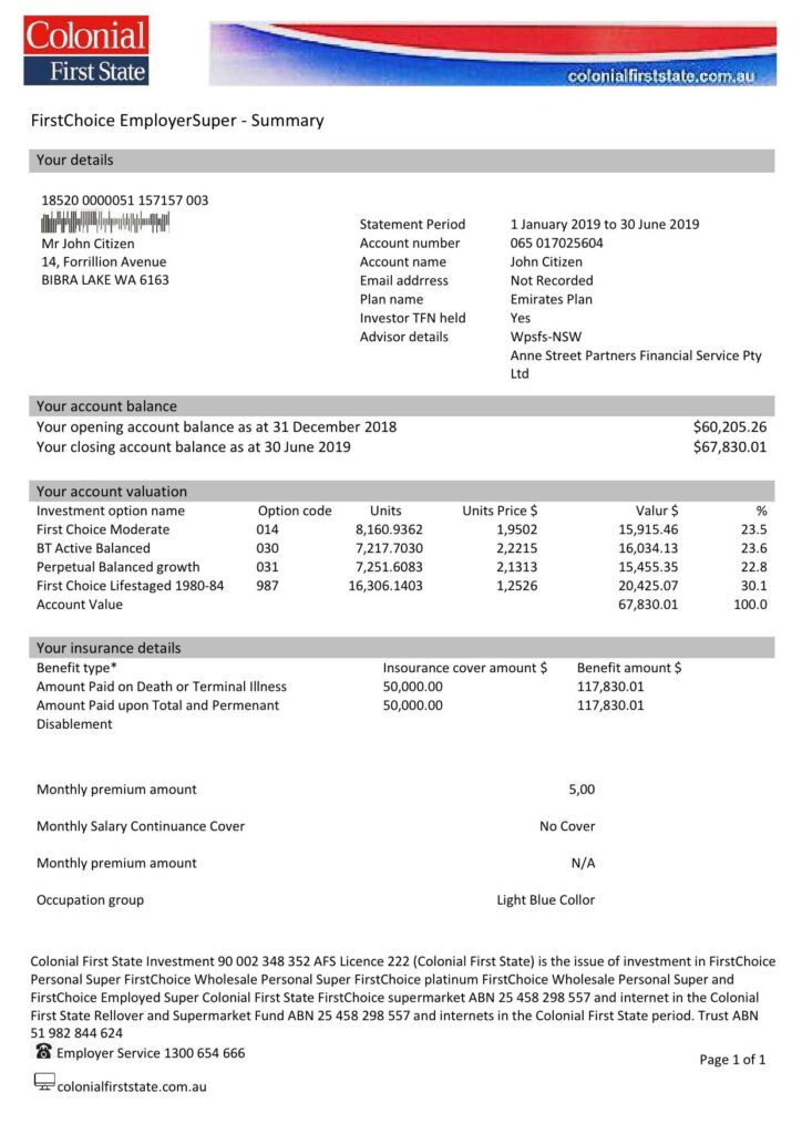 Australia Colonial First State bank statement template, Word and PDF format (.doc and .pdf)