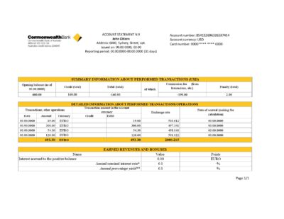 Australia Commonwealth Account Bank statement template in Excel and PDF format, fully editable