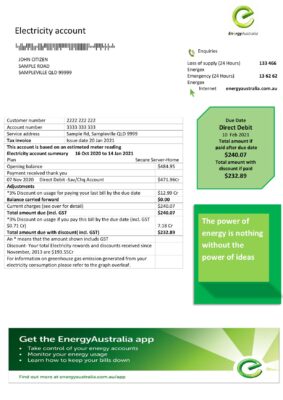 Australia Energy proof of address utility bill template in Word and PDF format