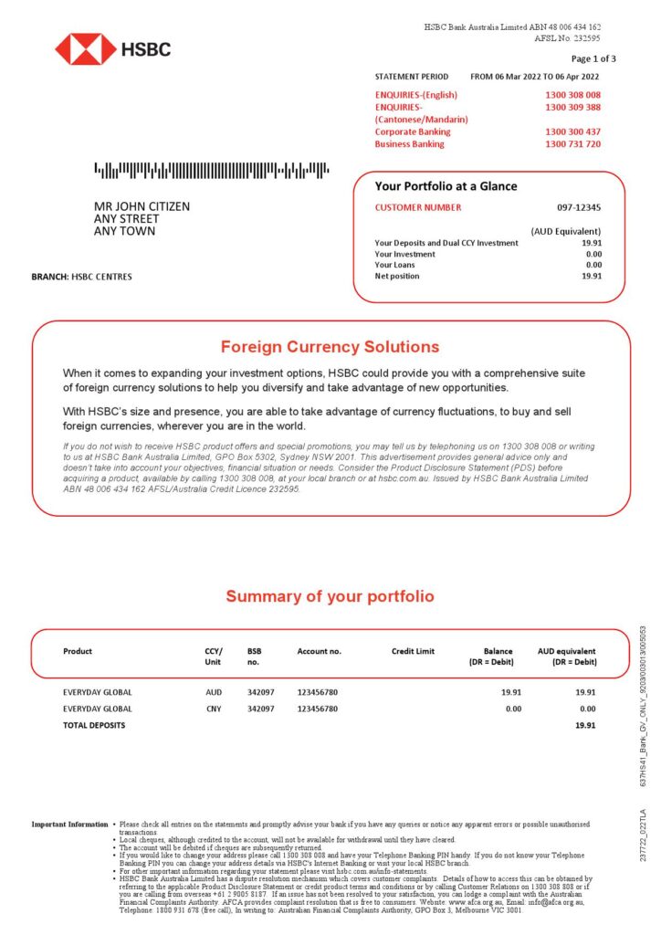 Australia HSBC bank statement, Word and PDF template, 3 pages 1
