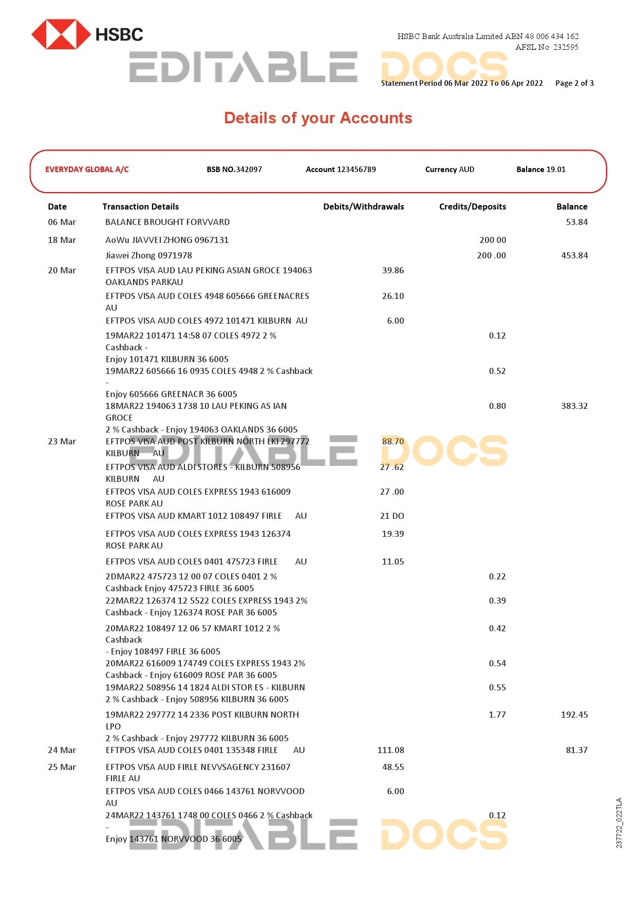 Australia HSBC bank statement, Word and PDF template, 3 pages