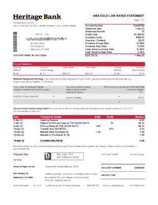 Australia Heritage bank statement easy to fill template in Excel and PDF format, 2 pages