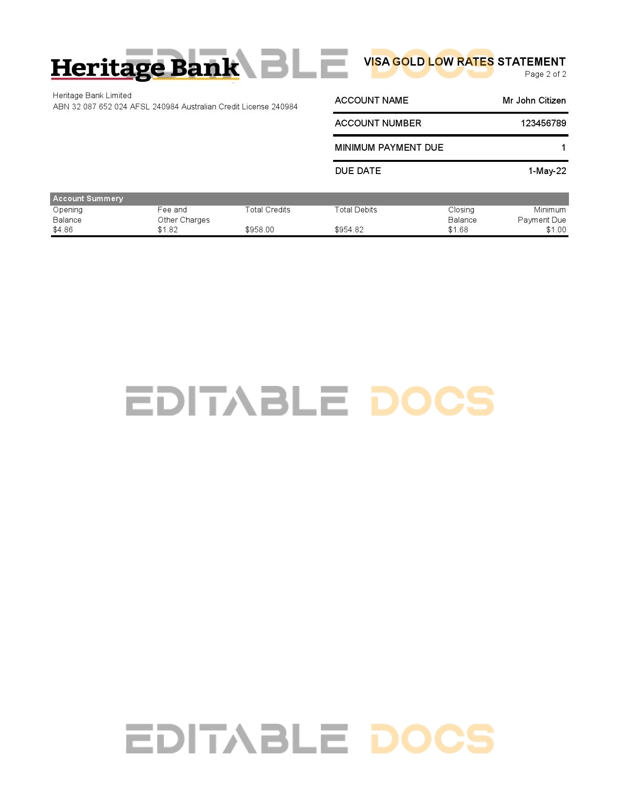 Australia Heritage bank statement easy to fill template in Excel and PDF format, 2 pages