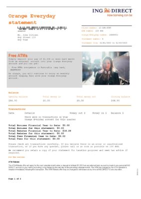 Australia ING Direct bank statement, Word and PDF template, 2 pages