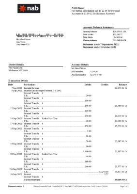Australia NAB bank statement, Word and PDF template, 2 pages