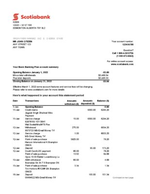 Australia Scotiabank bank statement, Excel and PDF template, 2 pages